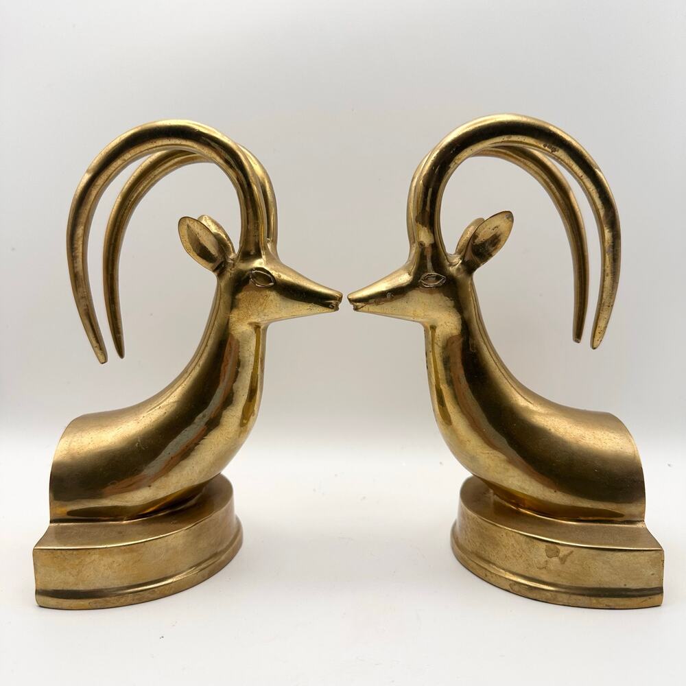 Vintage Unmarked MCM Brass Gazelle Set of 2 Book Ends Home Decor Mid Century
